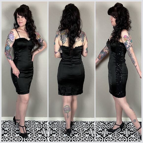 Vintage Y2K Black Sequins Lace Bodycon Mini Dress - Picture 3 of 7